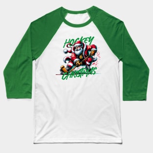 Santa Playing Hockey in Christmas Baseball T-Shirt